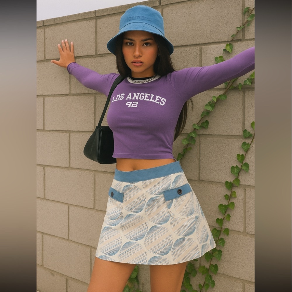 New VTG Aline Skater Mini Skirt Millenium Y2K Geometric Blue Pattern Cotton Sz S